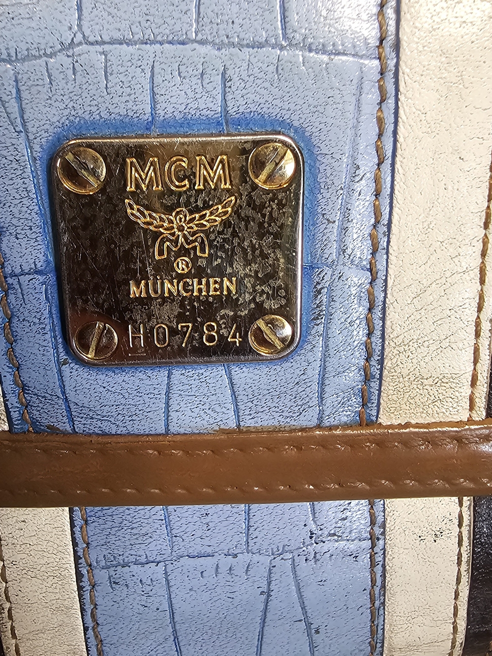 MCM Cognac Logo Wallet with Light Blue and White Stripe - Picture 8 of 16
